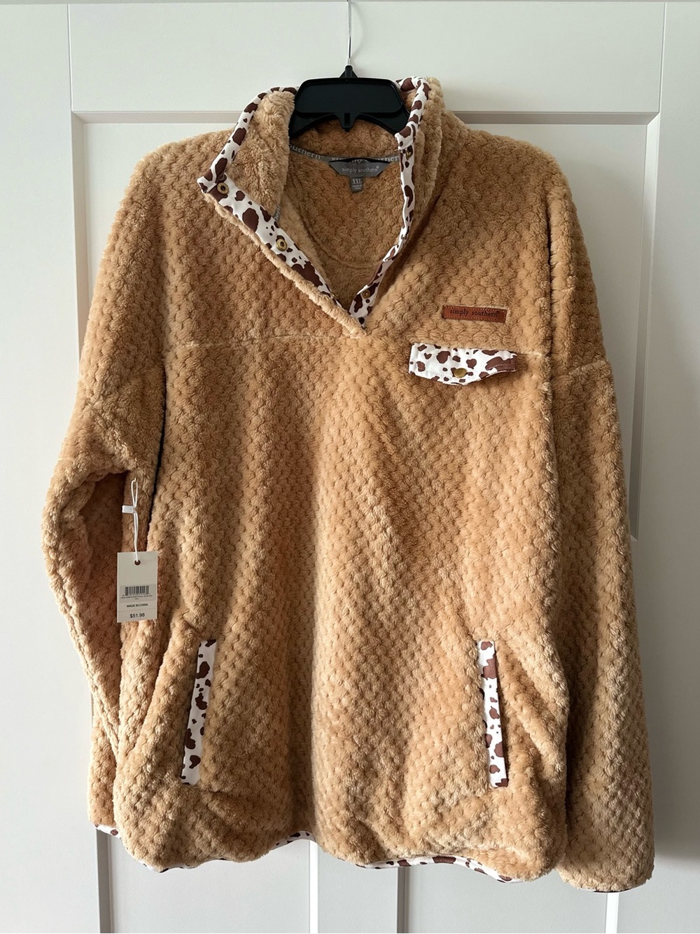 Simply Southern Camel Plush Cowl Pullover with Cow Print Trim - Picture 5 of 5